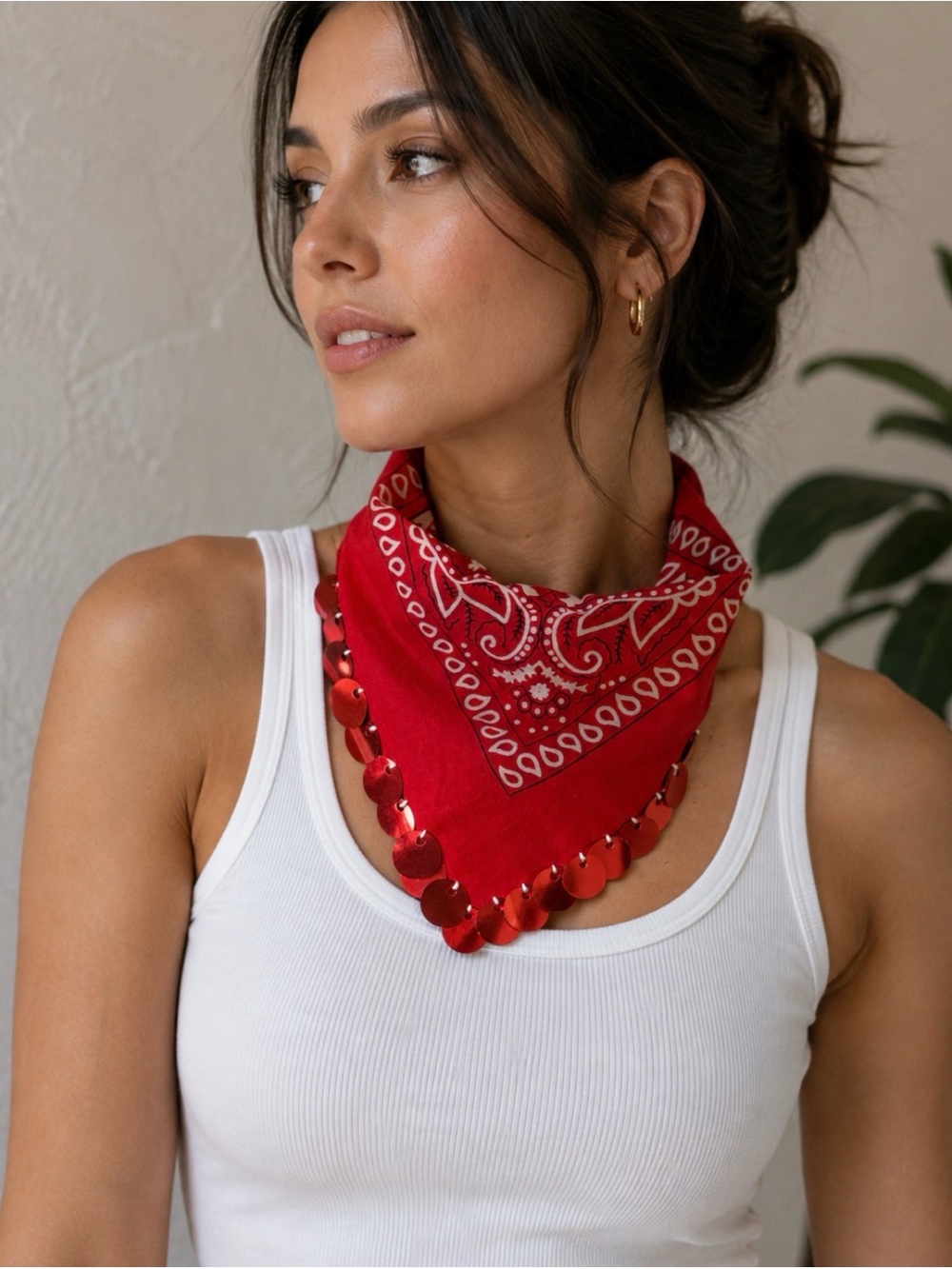 Red Sequin Trim Bandana Scarf - Women